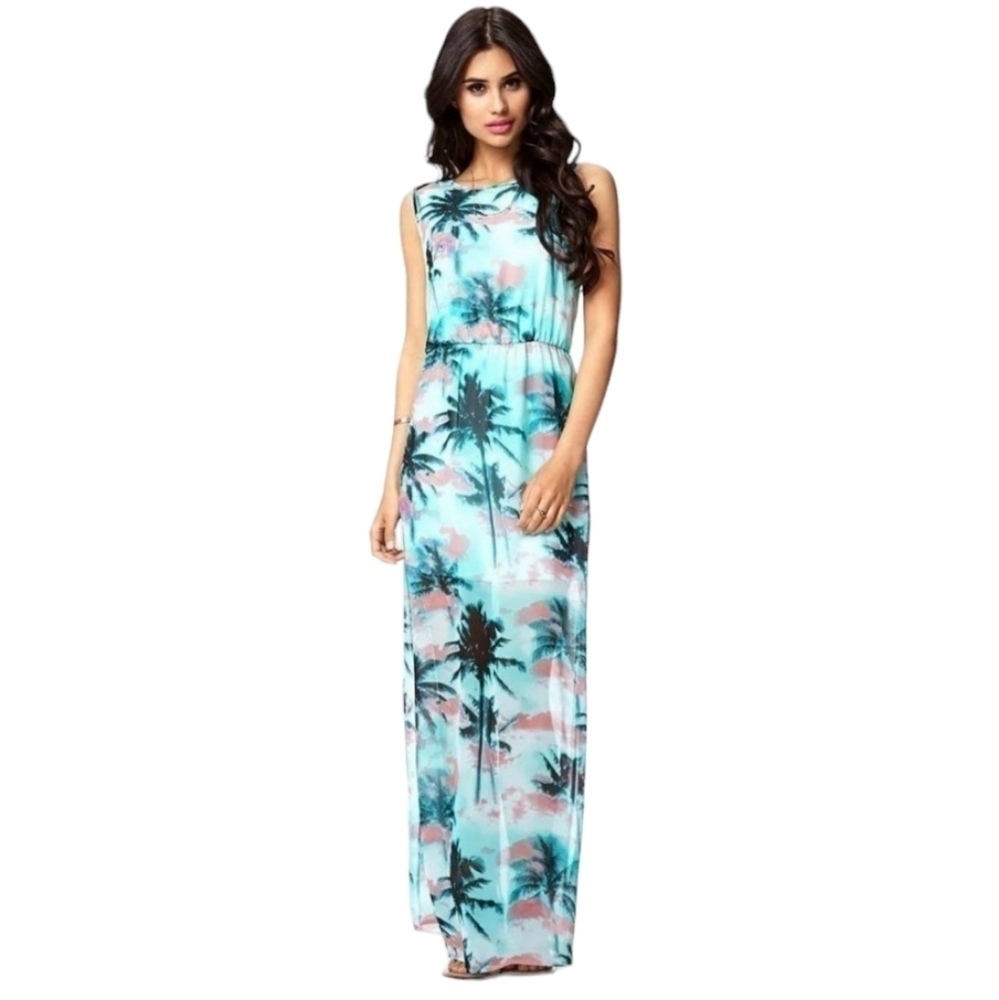 F21 Sheer Mint Sleeveless Lined Maxi Dress Tropical Print Stretch Waist sz Large